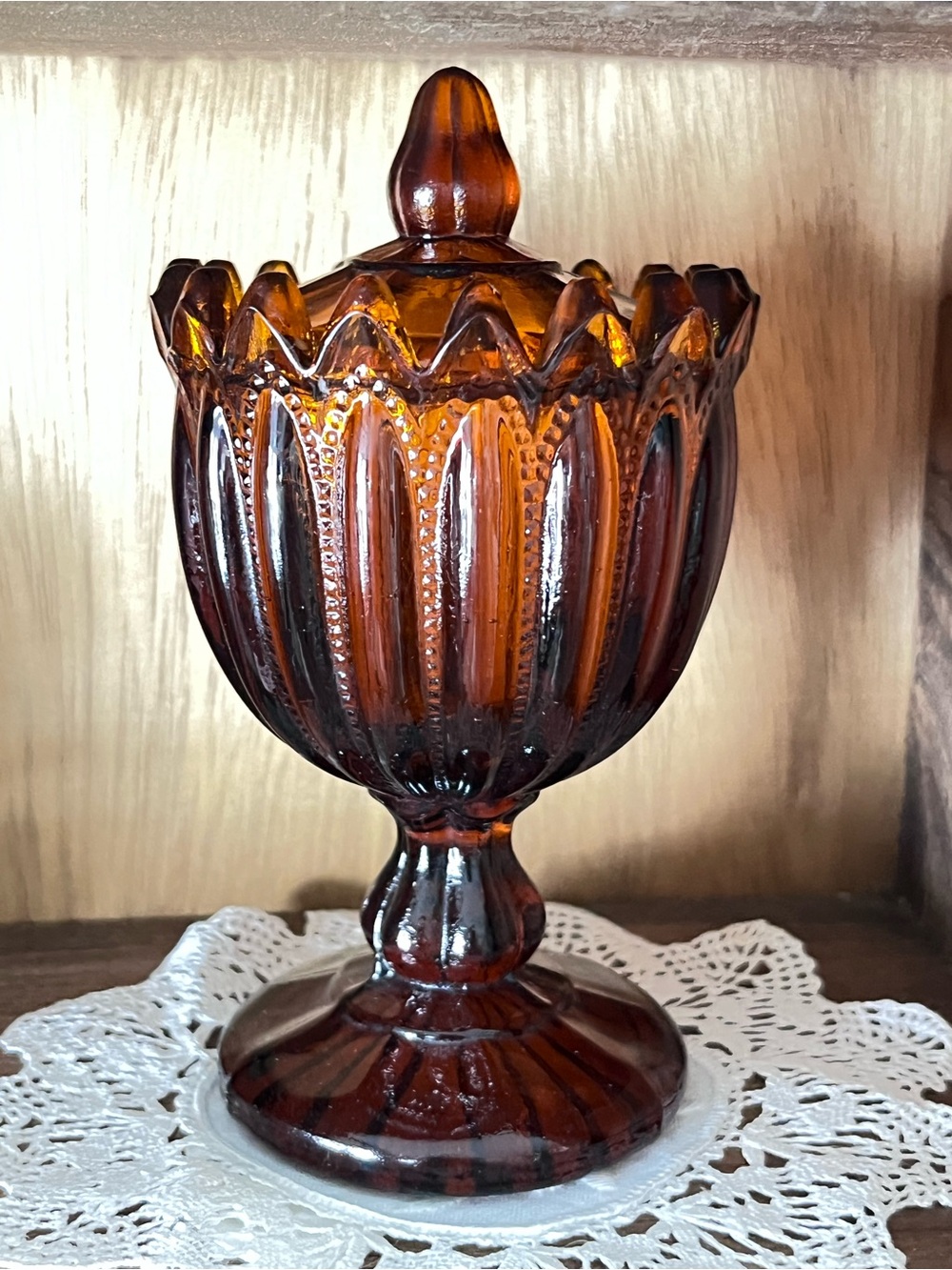 Vintage Portieux Vallerysthal Amber Glass Covered Dish Footed French Glass 5”